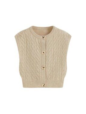 Sleeveless Cable Knit Cardigan Sweater Vest with Rose Buttons